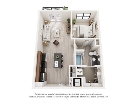 Floor plan for 1 bed, 1 bath, 724 sqft